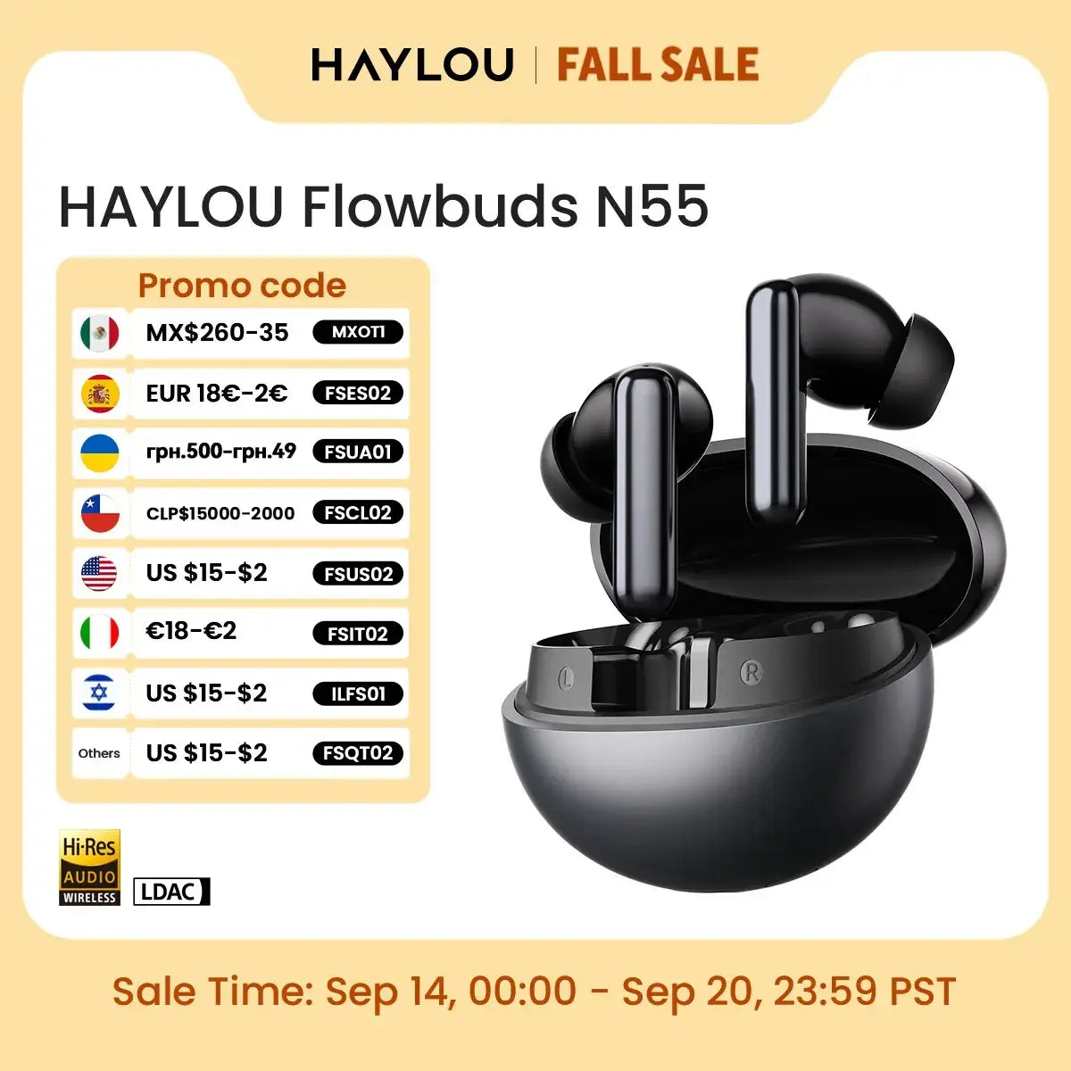 Black haylou flowbuds n55 wireless earbuds with anc ldac in a sleek glossy charging case showcasing extended battery life