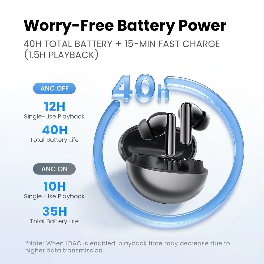 Black haylou flowbuds n55 wireless earbuds with metallic accents inside their charging case for extended battery life