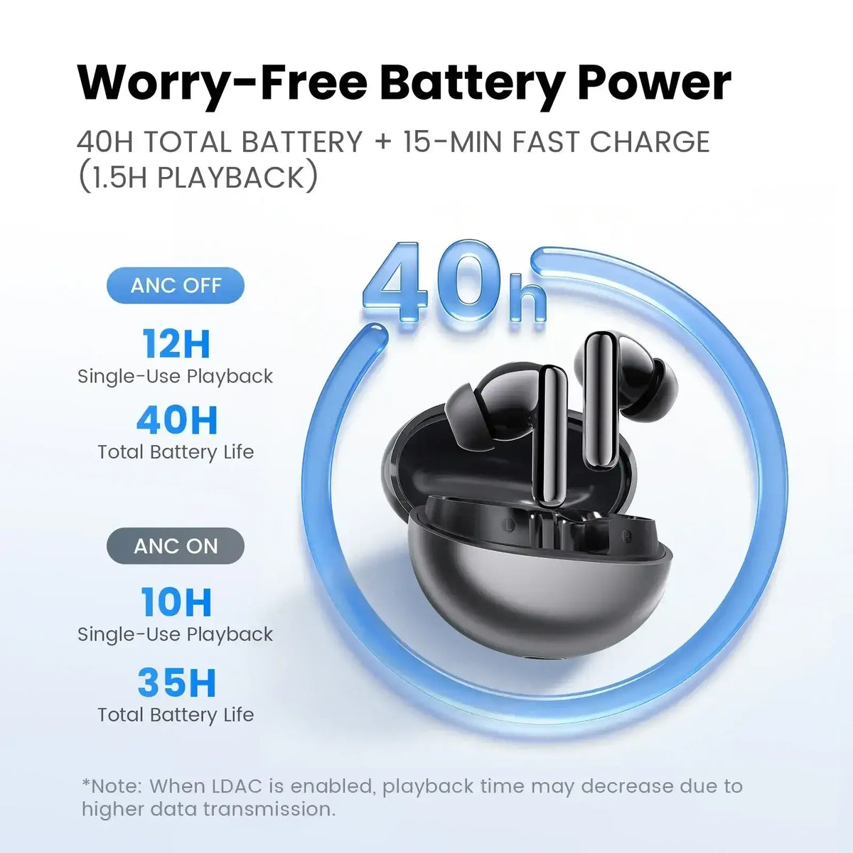 Black haylou flowbuds n55 wireless earbuds with metallic accents inside their charging case for extended battery life