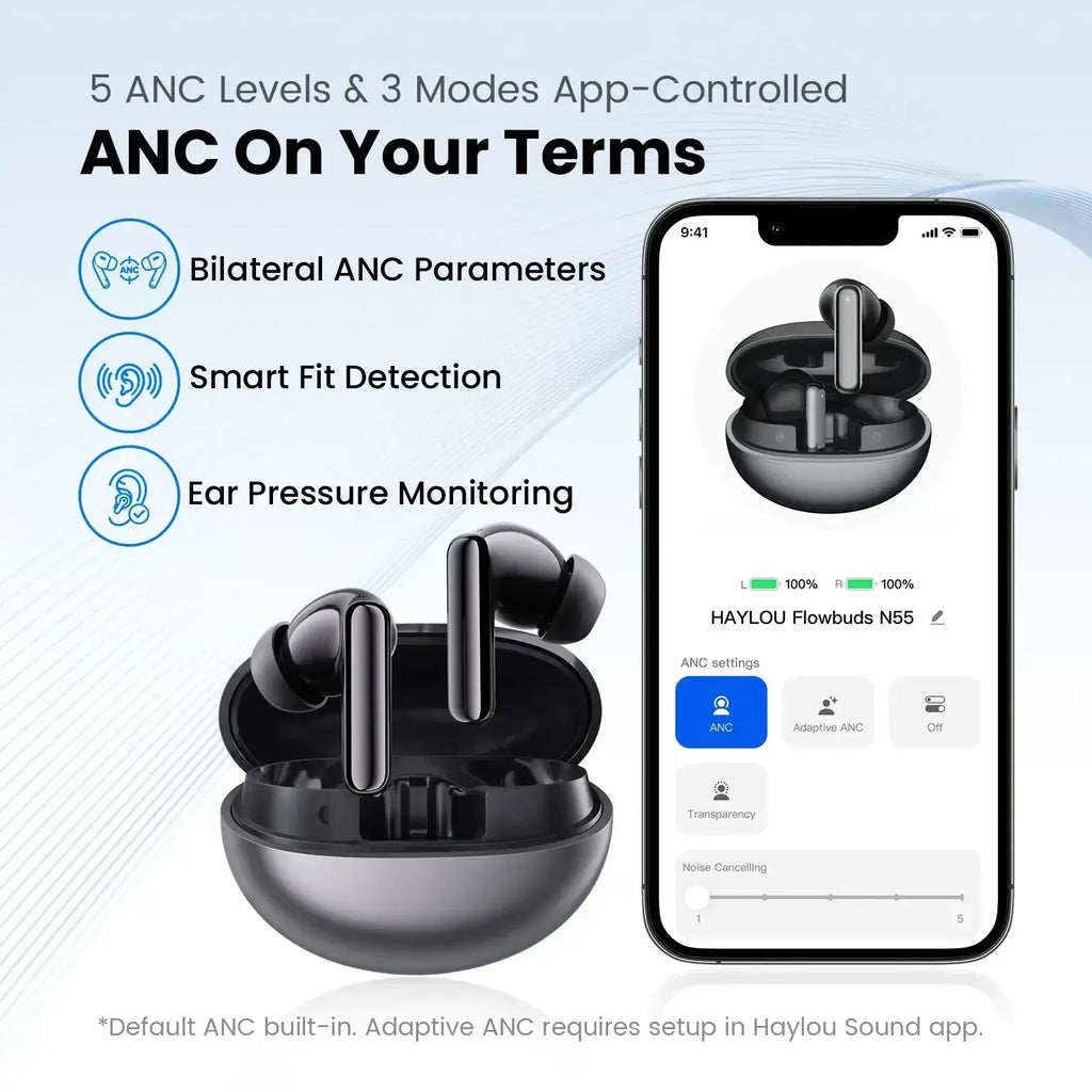 Black matte haylou flowbuds n55 wireless earbuds with charging case and battery life shown on smartphone screen