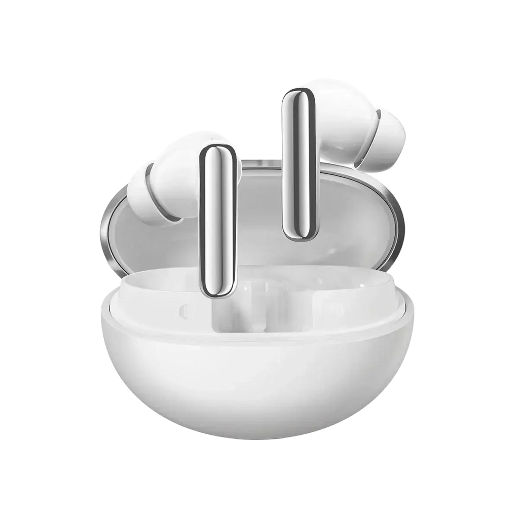 White haylou flowbuds n55 wireless earbuds with sleek silver stems in a matching white charging case highlighting battery life