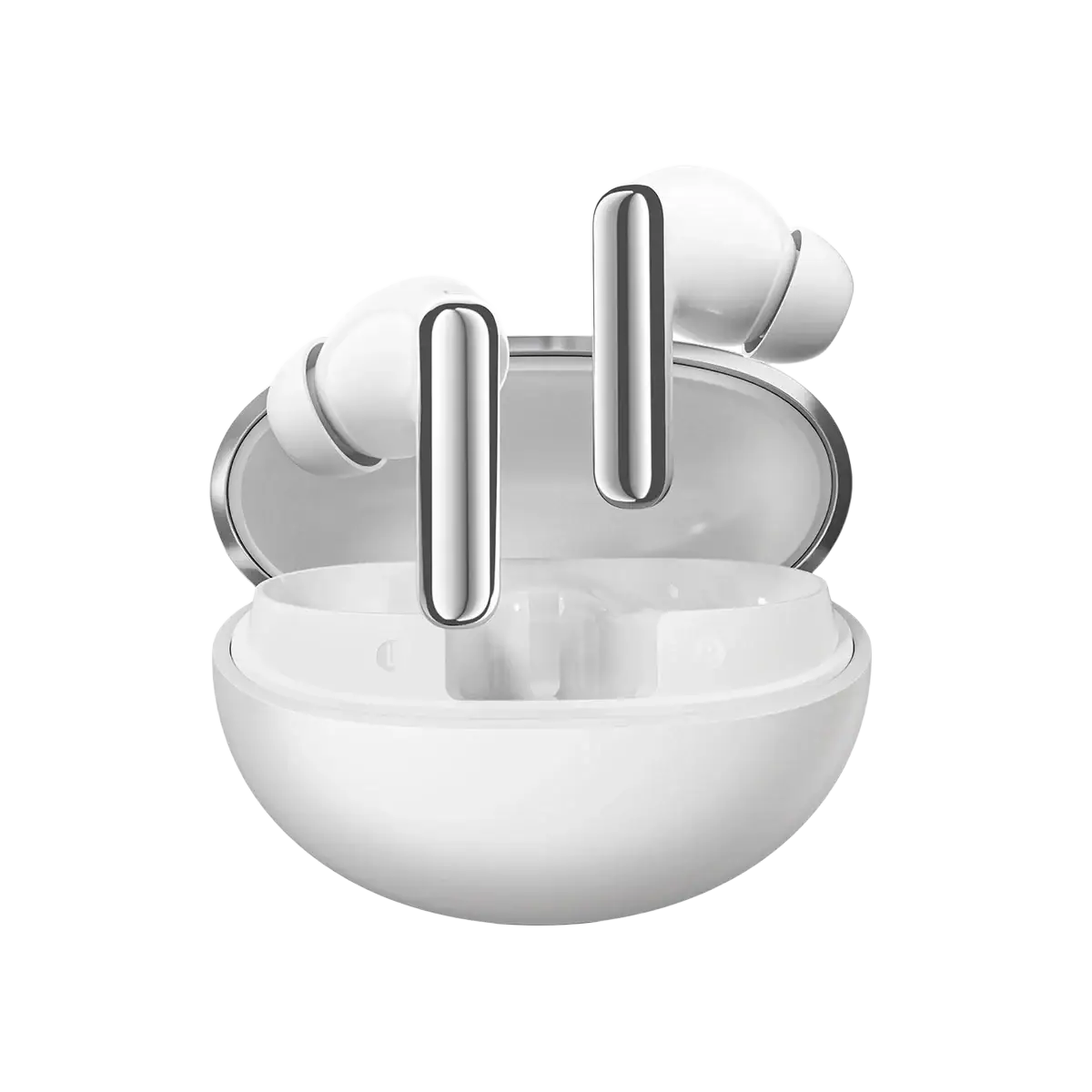 White haylou flowbuds n55 wireless earbuds with silver metallic stems in a white charging case highlighting battery life