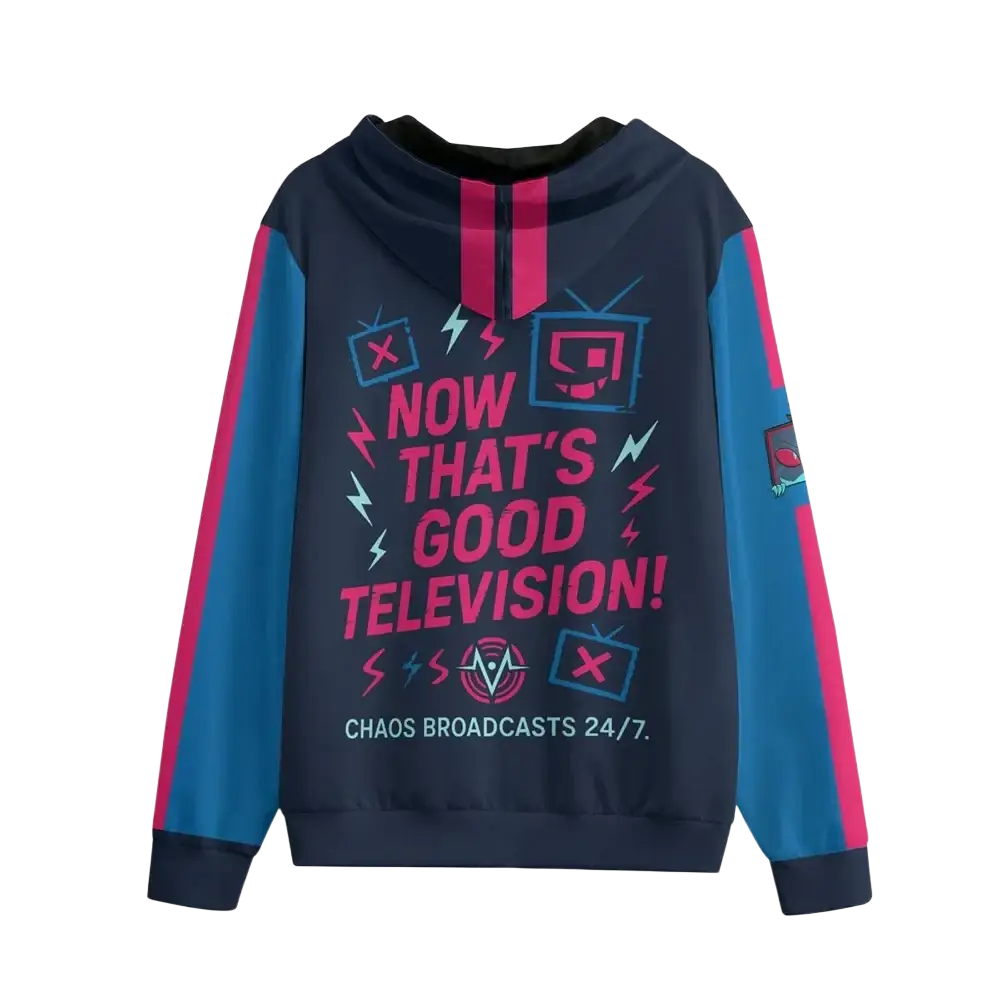 Dark blue hazbin hotel zip up hoodie with vibrant pink teal accents featuring bold now thats good television graphic design