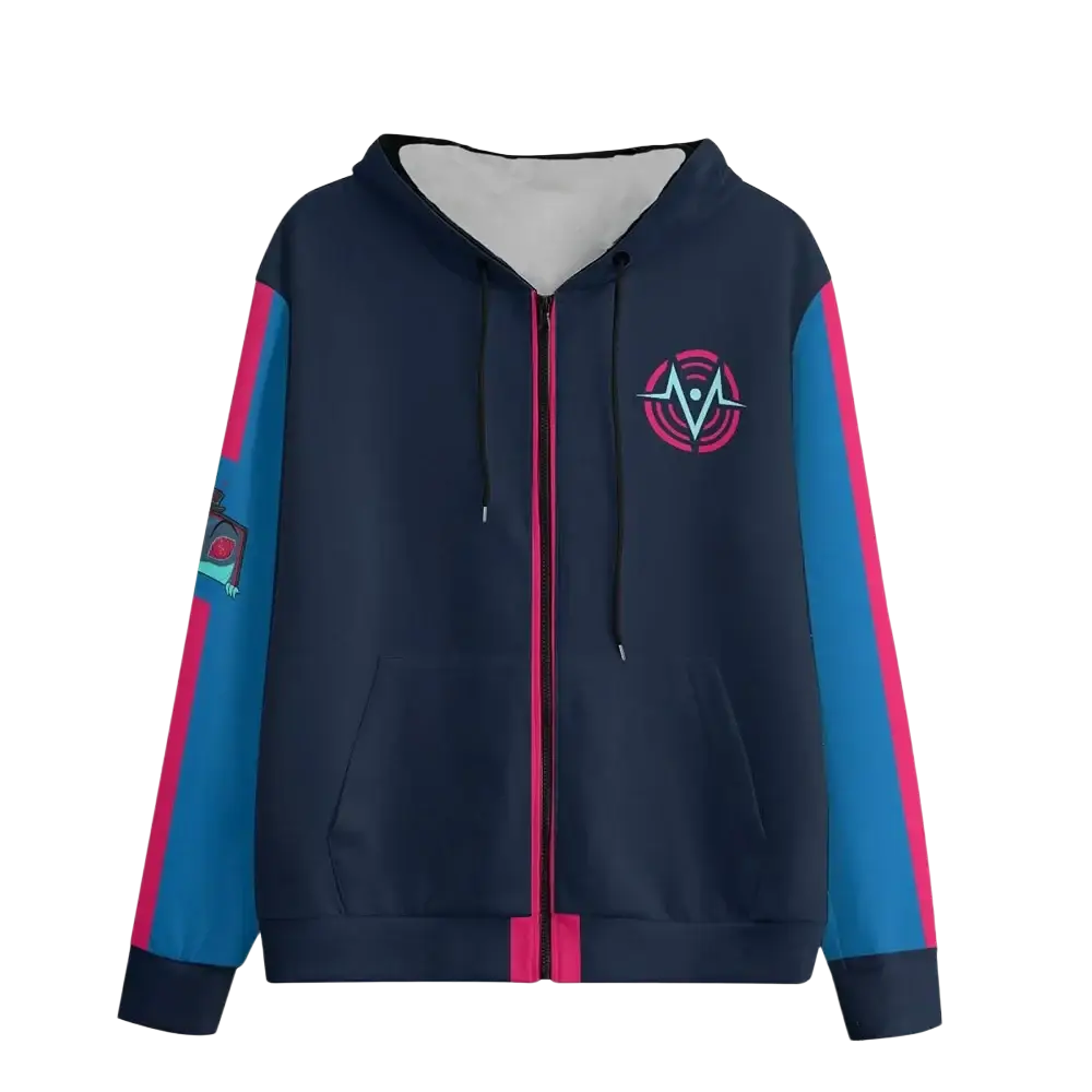 Navy blue hazbin hotel zip up hoodie with pink and teal color-blocked sleeves and logo details for anime cosplay
