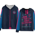 Navy blue hazbin hotel zip up hoodie with pink and teal accents and graphic design on the back for anime cosplay