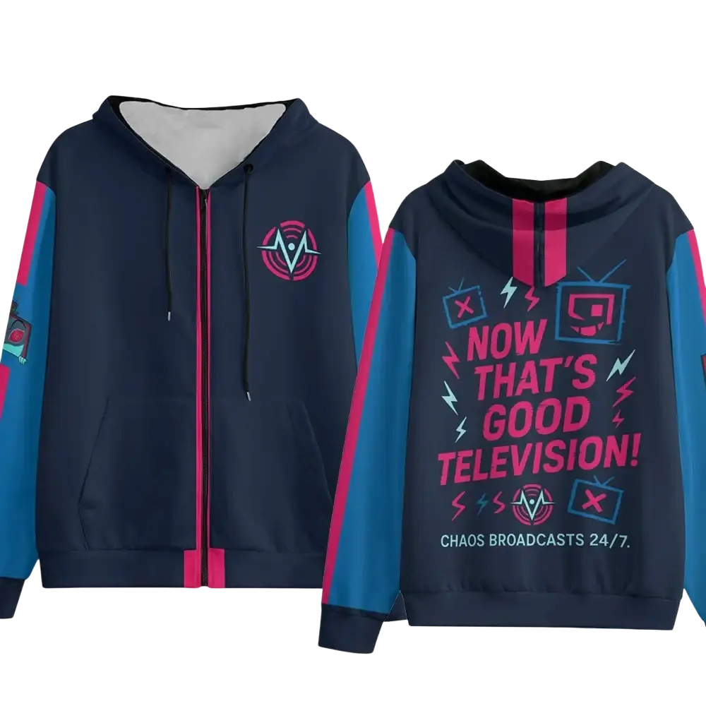 Navy blue hazbin hotel zip up hoodie with pink and teal accents and graphic design on the back for anime cosplay
