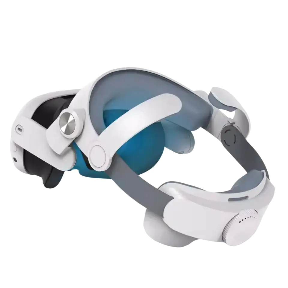 White and gray meta quest 3 virtual reality headset with ergonomic head strap designed for comfortable extended use