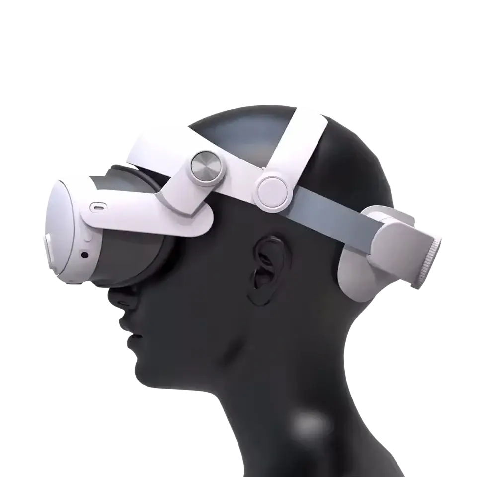 White and gray meta quest 3 virtual reality headset with adjustable head strap on black mannequin head
