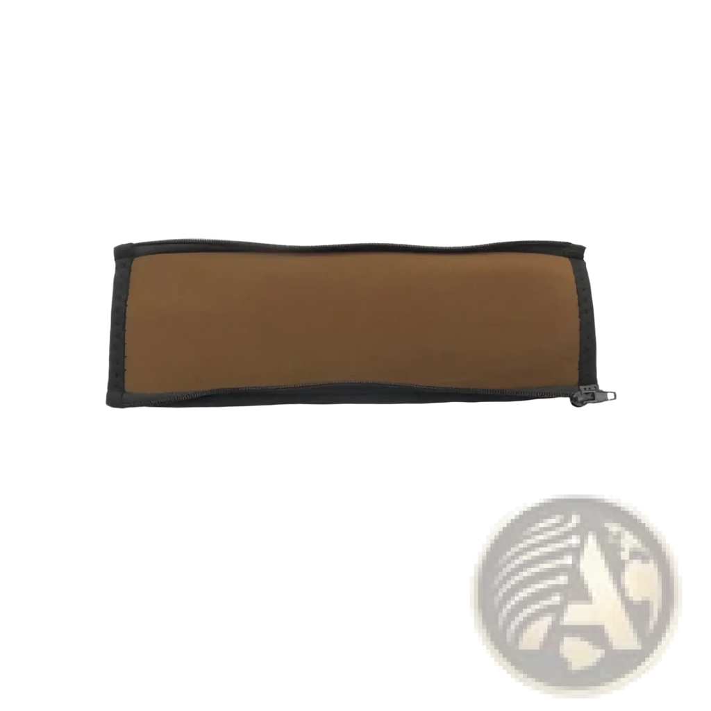 Brown neoprene headphone headband cover pouch with black trim and silver-toned zipper pull for cushion storage