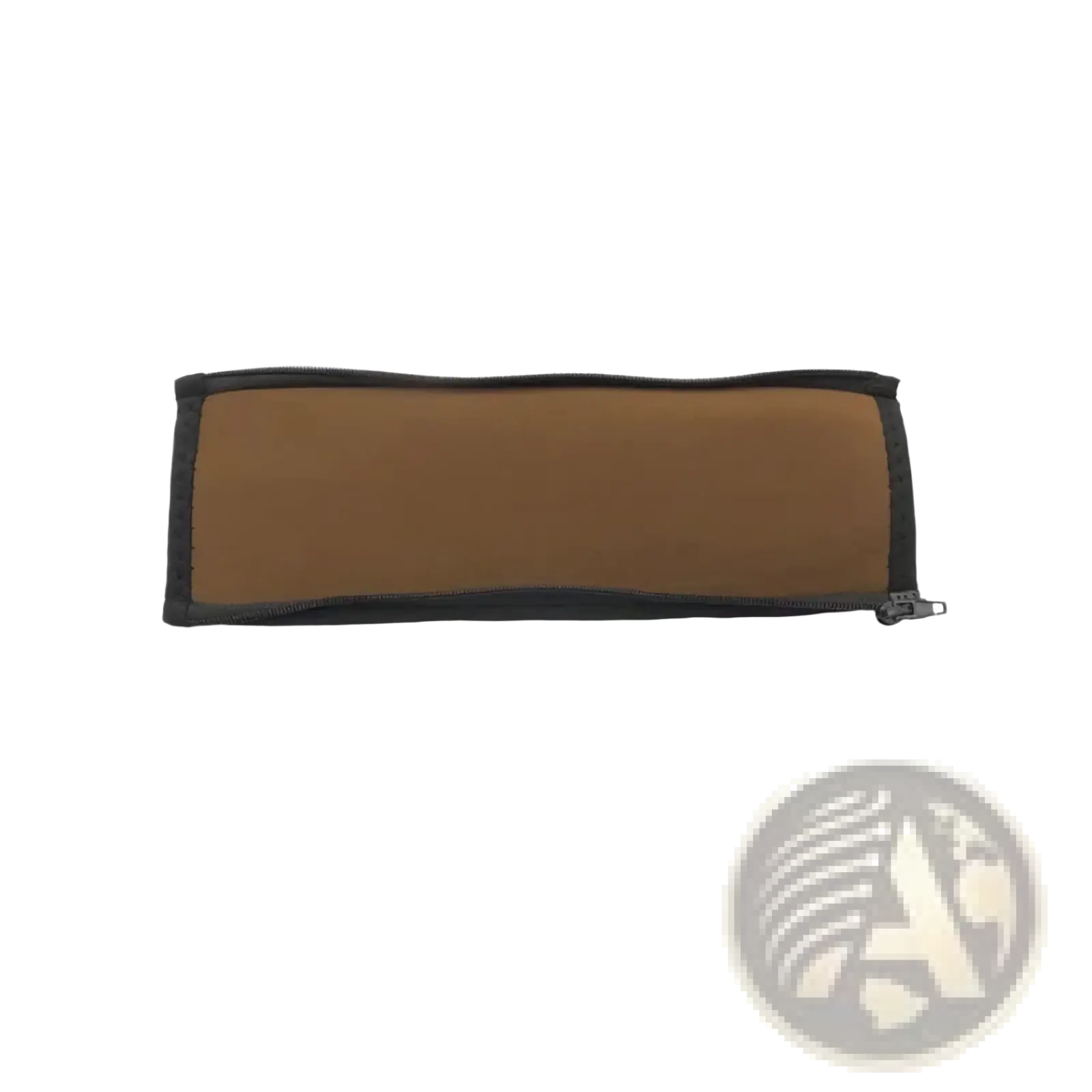Brown neoprene headphone headband cover pouch with black trim and silver-toned zipper pull for cushion storage