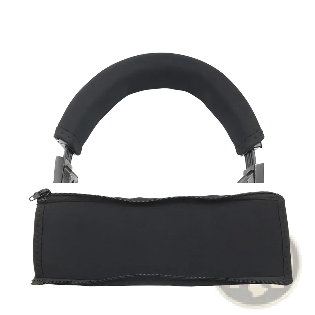 Black neoprene headphone headband cover with zipper closure and padding cushion for comfortable fit