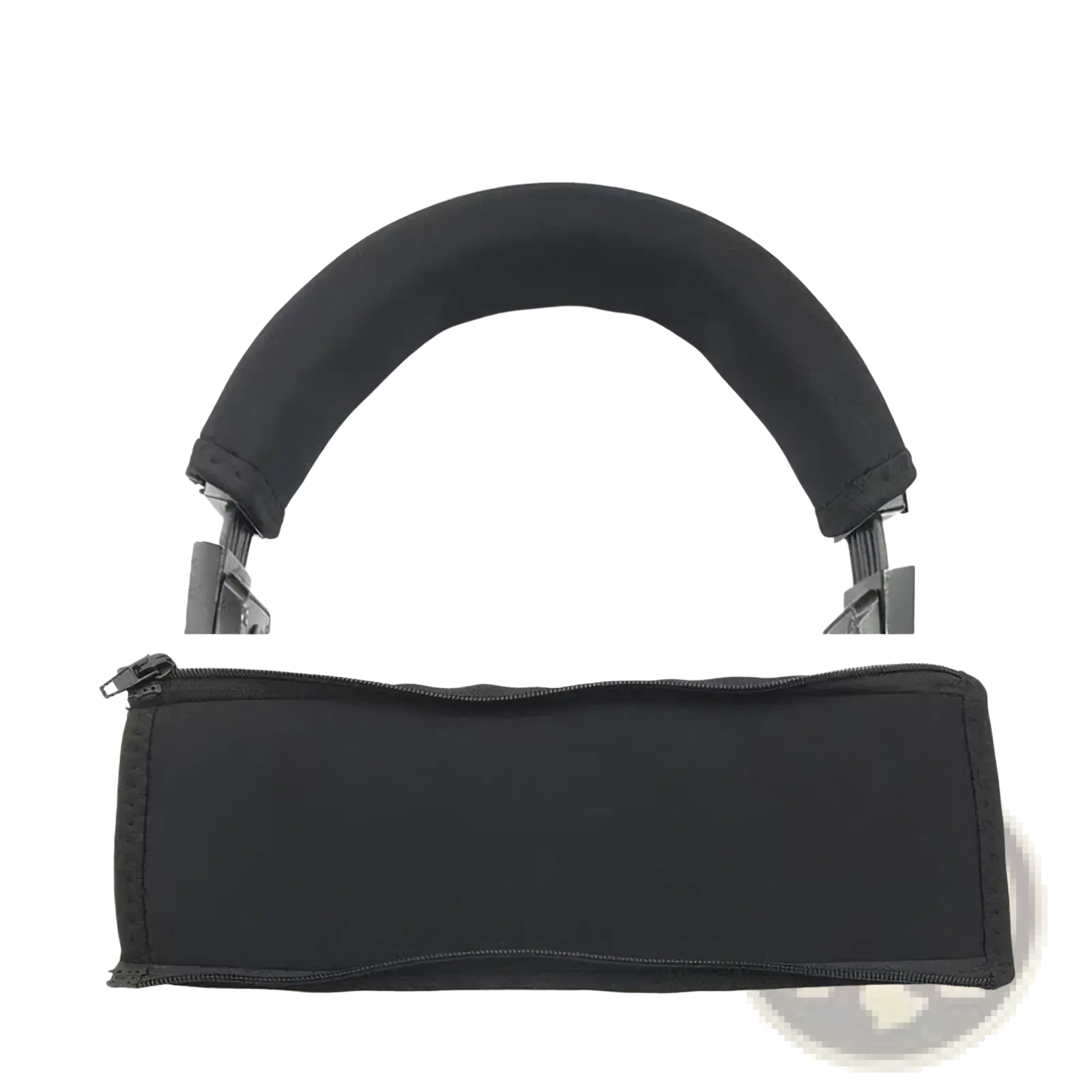 Black neoprene headphone headband cover with zipper closure and padding cushion for comfortable fit