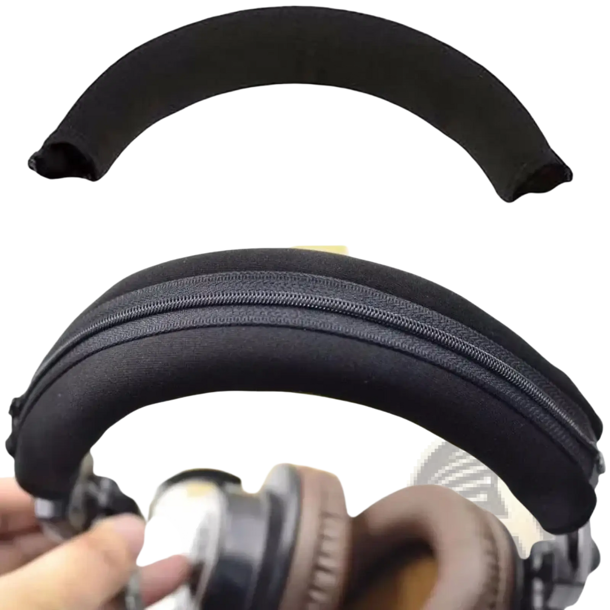 Black neoprene headphone headband cover with zipper closure and padded cushion for enhanced comfort