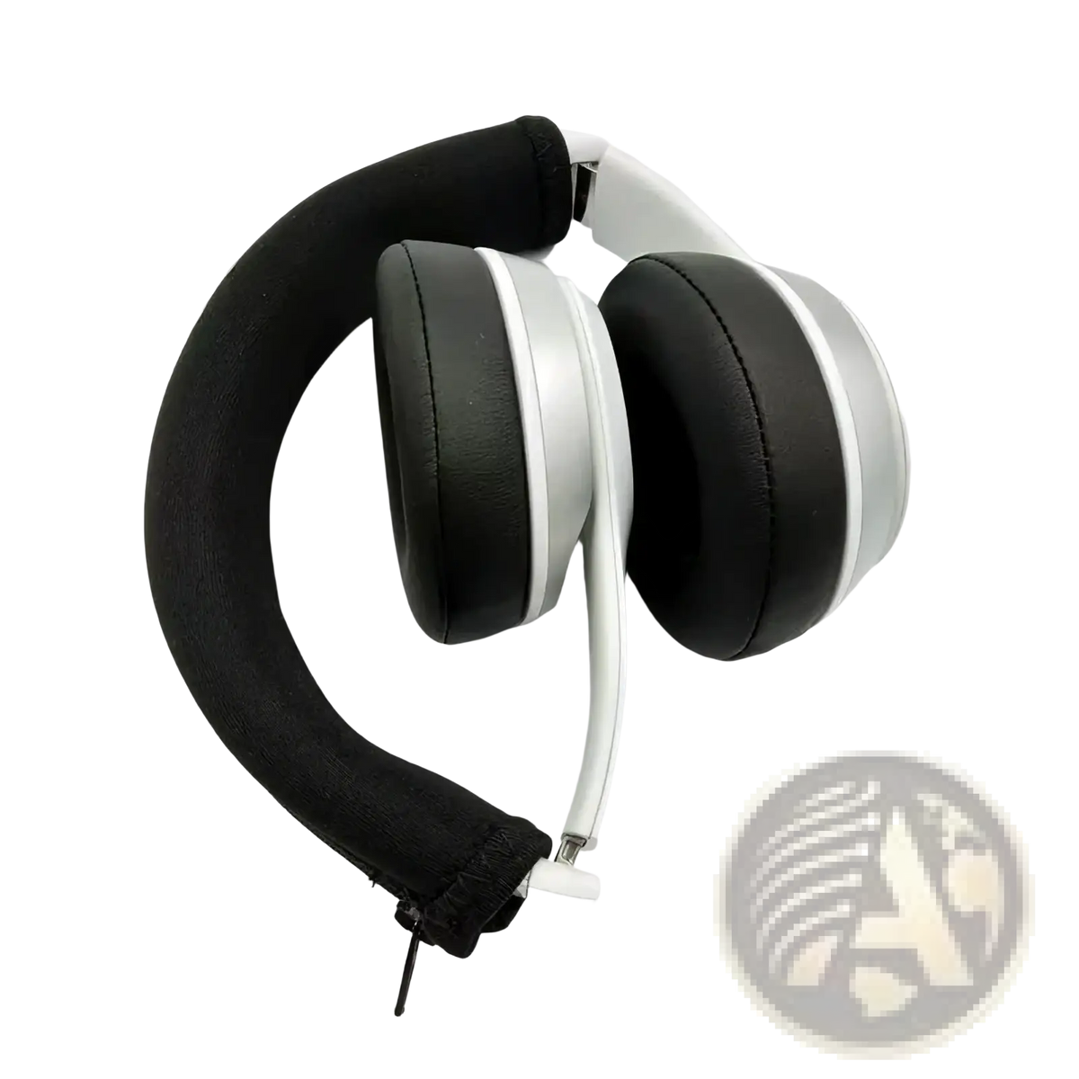 Black and silver over ear headphones with neoprene zipper cushion headband cover and padded earcups