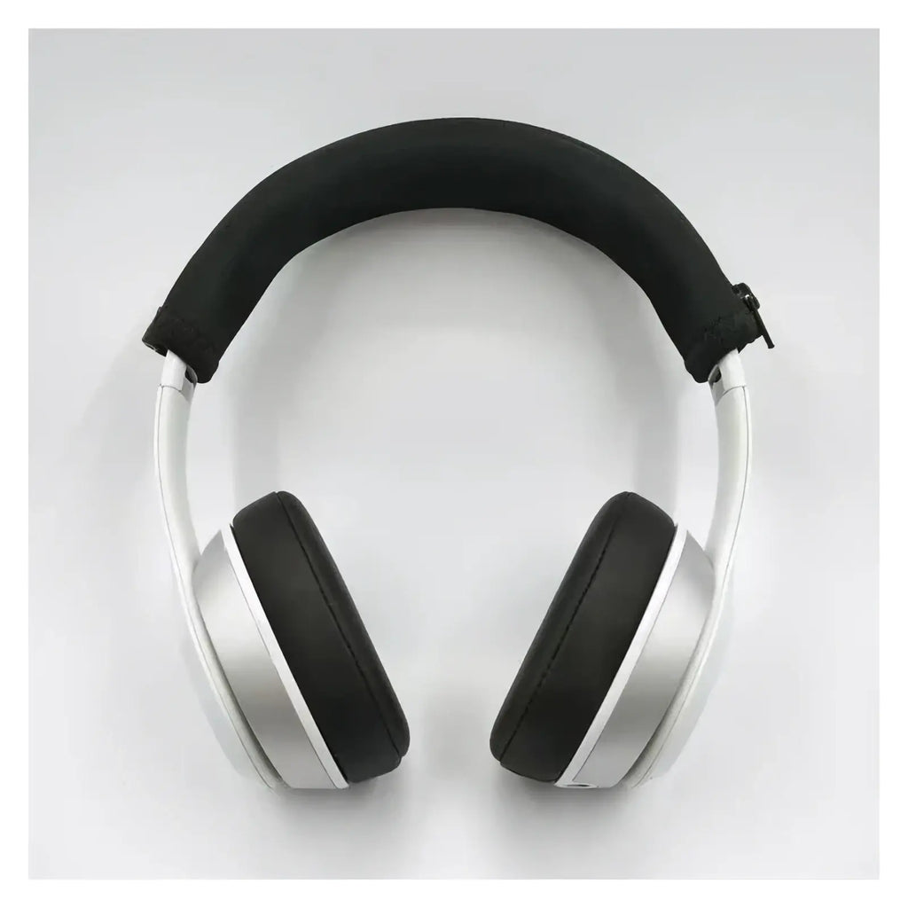 Silver over-ear headphones with black padded neoprene earcups and headband featuring a zipper cushion cover