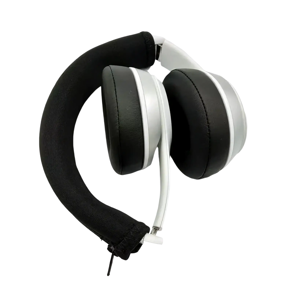 Black and silver over ear headphones with neoprene zipper cushion headband cover and padded earcups