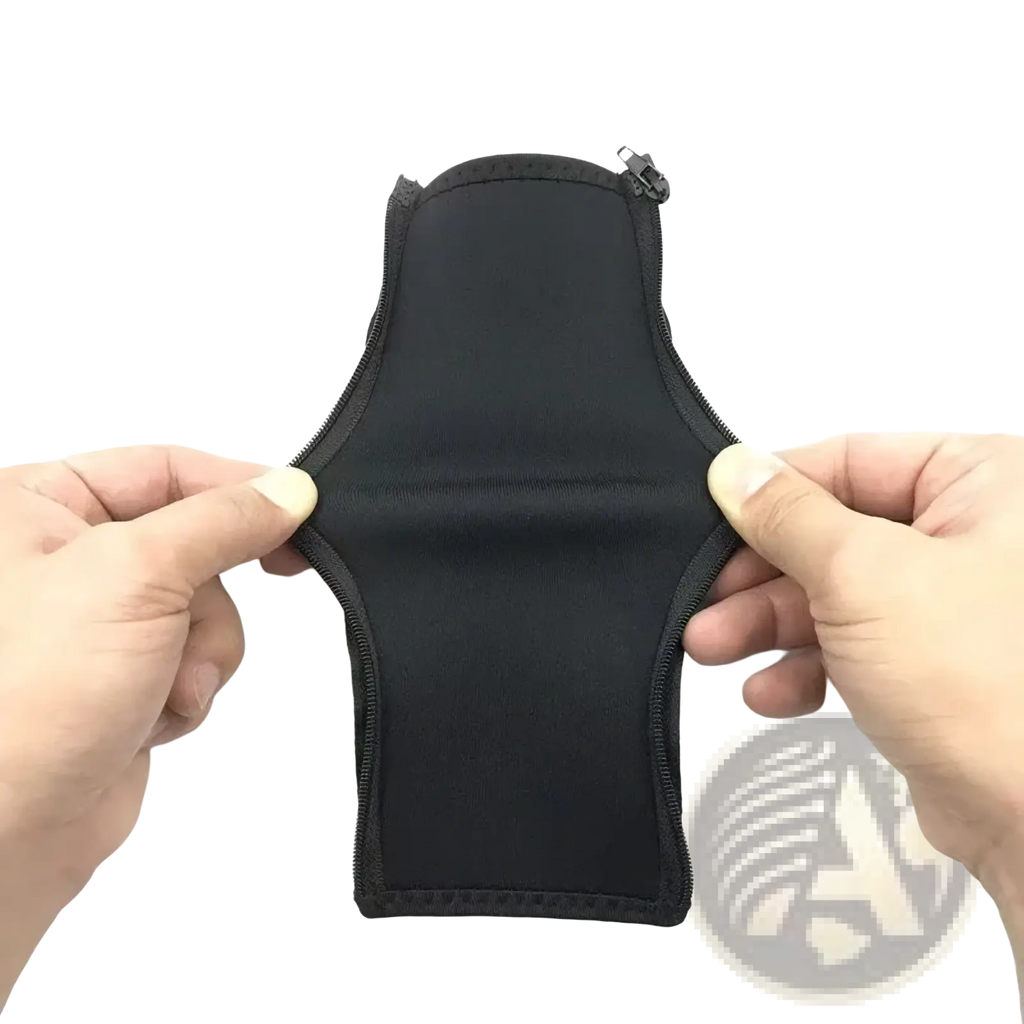 Black neoprene zippered wristband showing the back side designed as a headphone headband cover cushion