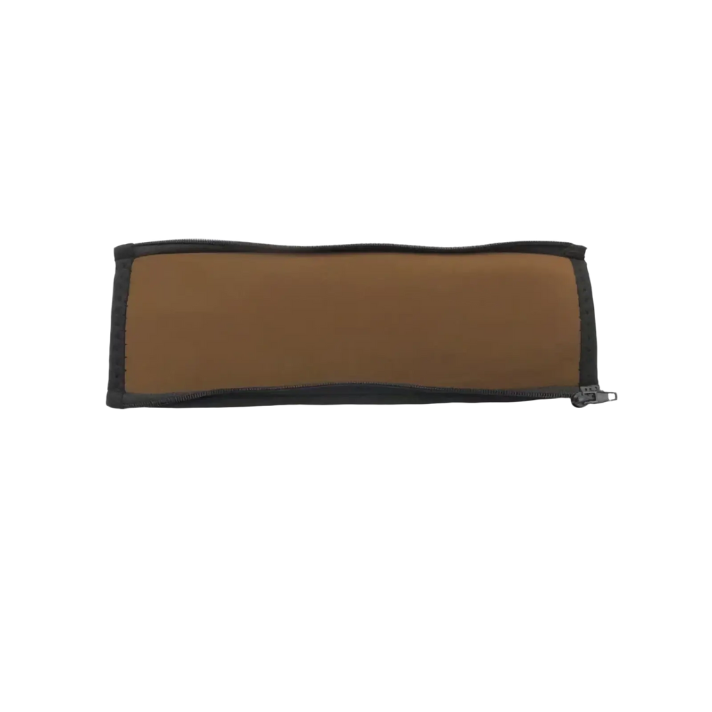Brown neoprene headphone headband cover pouch with black trim and silver-toned zipper pull for cushion storage