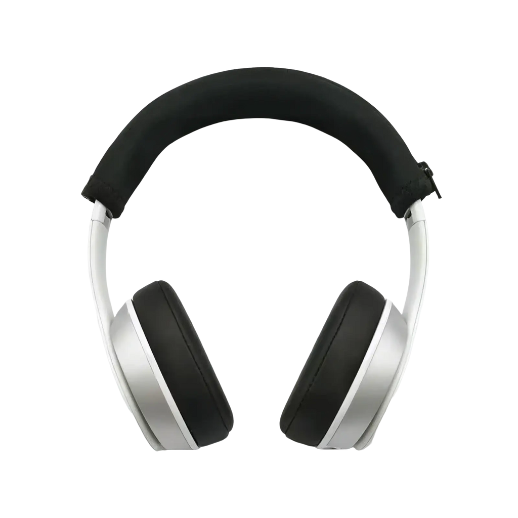 Silver over-ear headphones with black padded neoprene earcups and headband featuring a zipper cushion cover