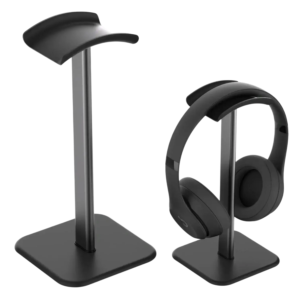 Black matte aluminum headphone stand with sleek minimalist design for desktop use as an earphone stand