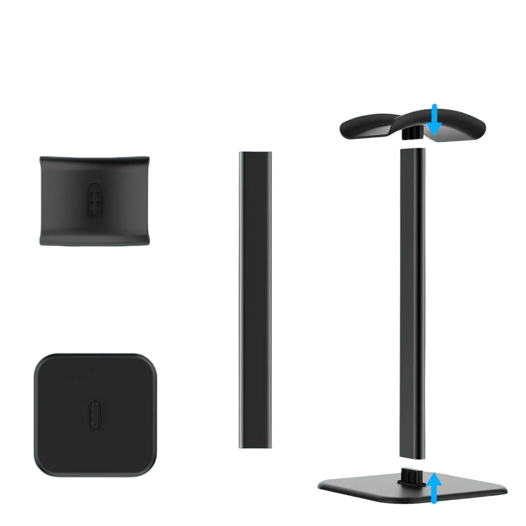 Black metal headphone stand with adjustable pedestal and bracket assembly in matte black aluminum desktop holder