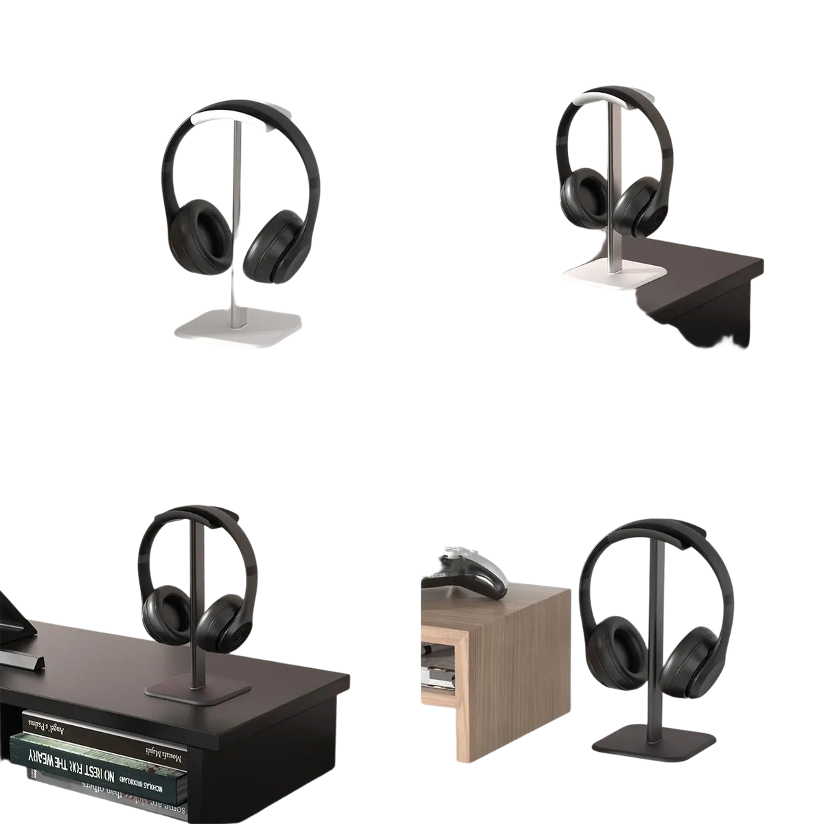 Black over-ear headphones displayed on a sleek matte black aluminum headphone stand for desktop use