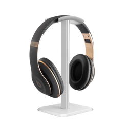 Black and rose gold beats studio3 headphones displayed on a matte black aluminum headphone stand desktop holder