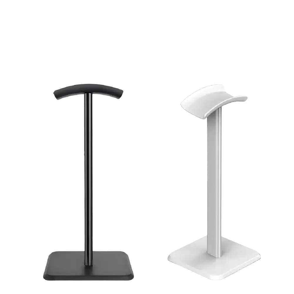 Black and white minimalist headphone stand made of matte black aluminum for desk use as an earphone stand