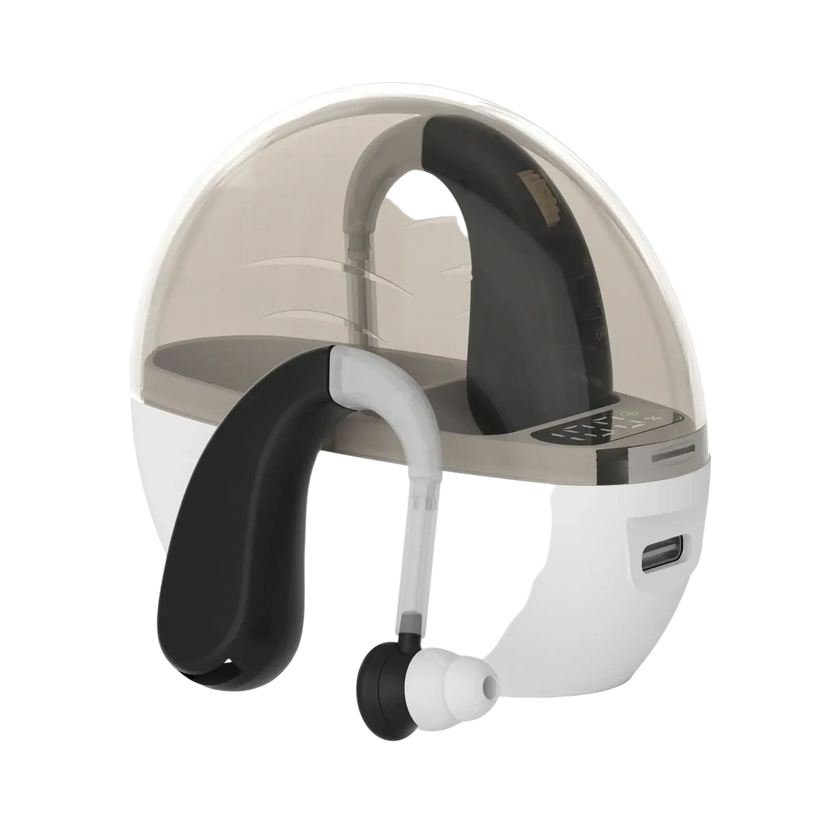 Black and white wireless hearing aid with noise reduction design nestled in a matching charging case