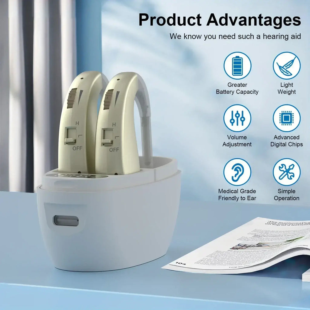 Cream-colored ergonomic hearing aid with curved design for comfortable ear placement and noise reduction with charging case