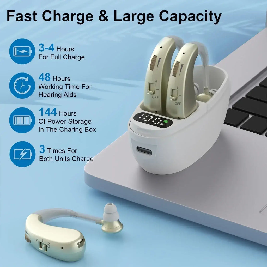 Cream-colored hearing aid with noise reduction features in a modern metallic finish sits in a matching white charging case