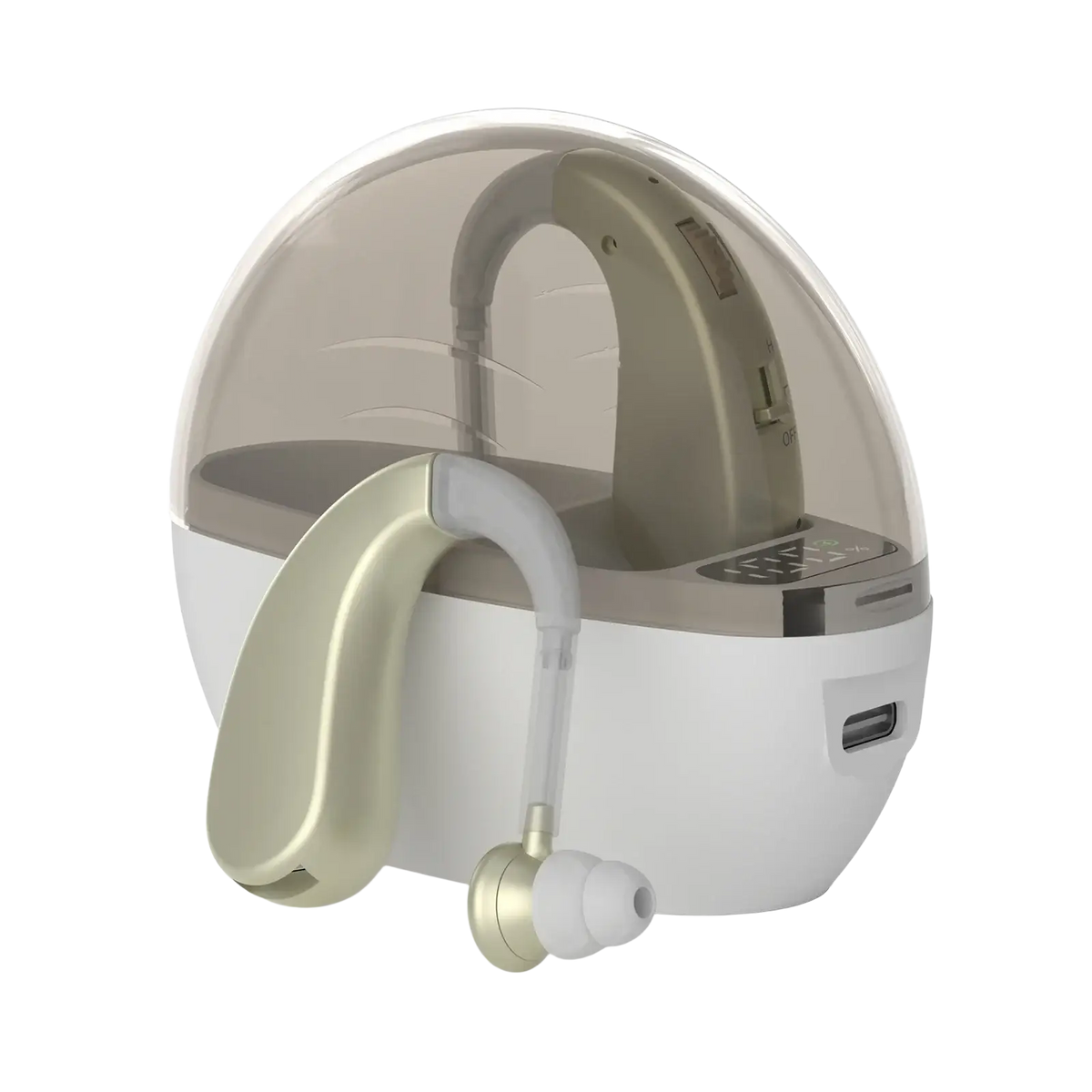 Gold-colored behind-the-ear hearing aid with white ear tip next to transparent and white charging case for noise reduction