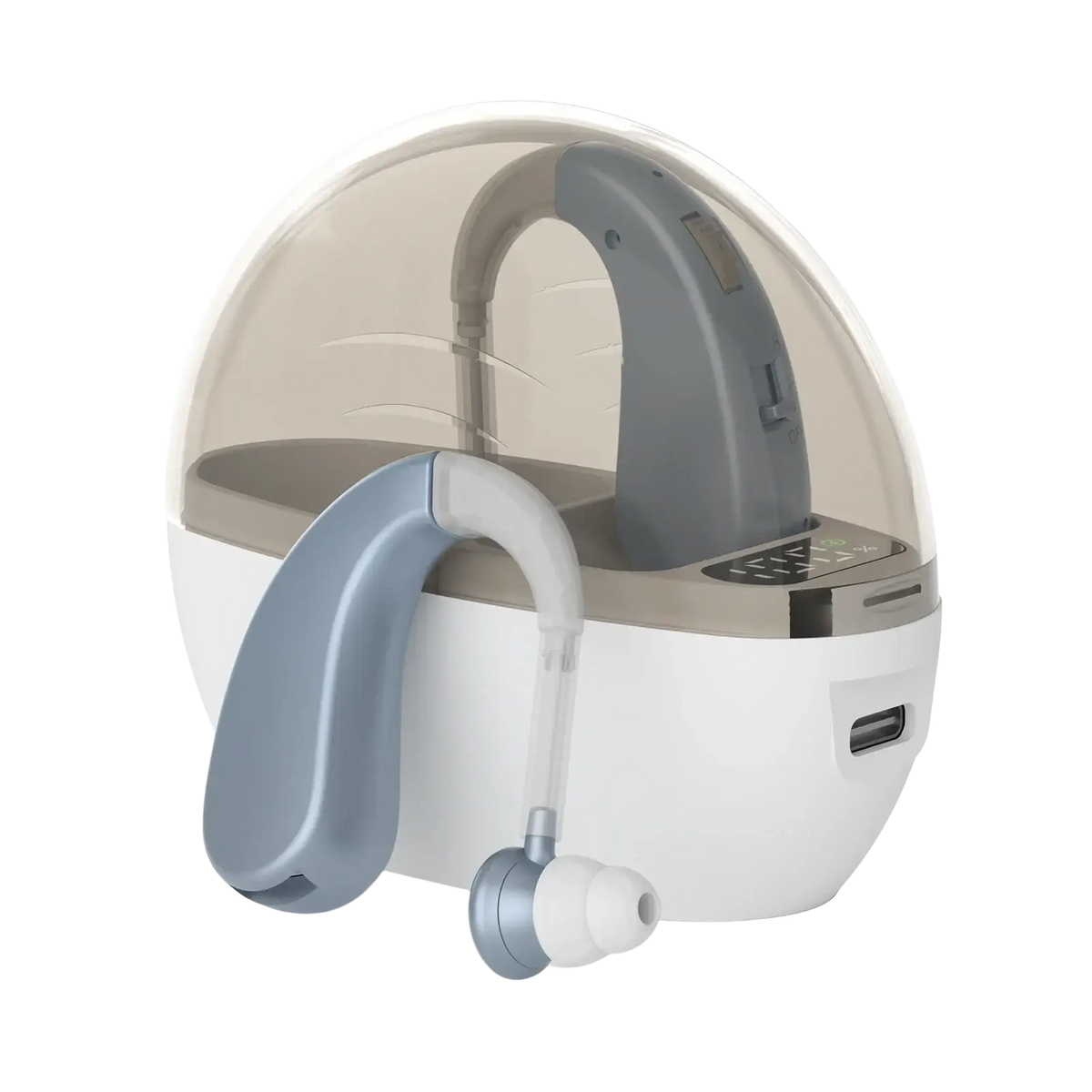 Gray and white hearing aid with sleek curved design resting beside its matching charging case for noise reduction