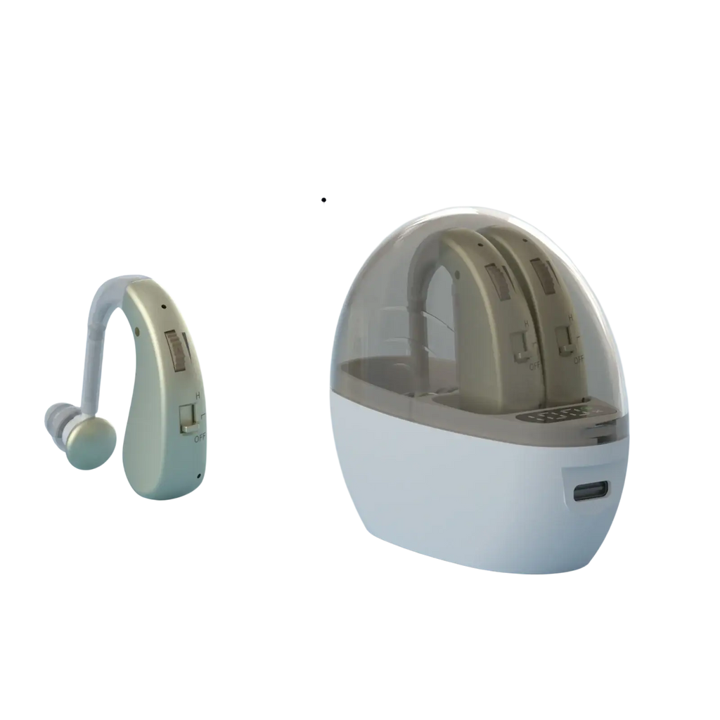 Light beige and white hearing aid with sleek curved design and matching noise reduction charging case for comfort and convenience