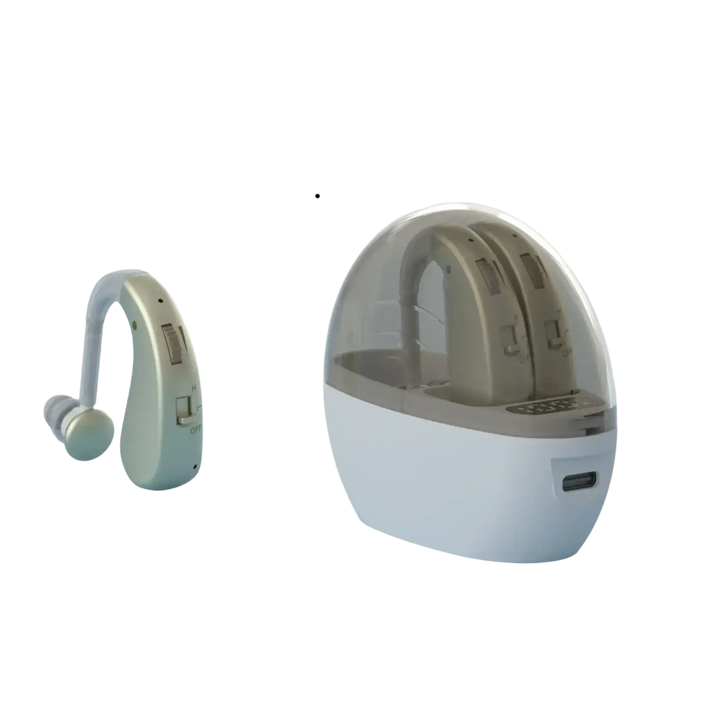 Light blue and beige behind-the-ear hearing aid with noise reduction feature and matching charging case for convenience