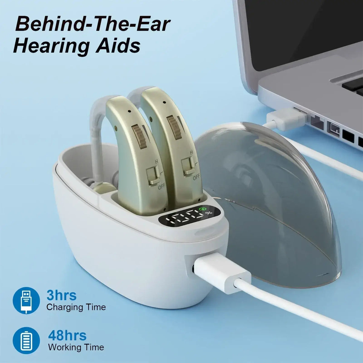 Silver behind-the-ear hearing aids in a white charging case with digital display featuring noise reduction technology