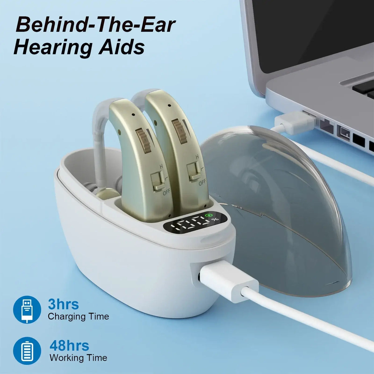Silver behind-the-ear hearing aids with noise reduction in a white charging case featuring a digital display