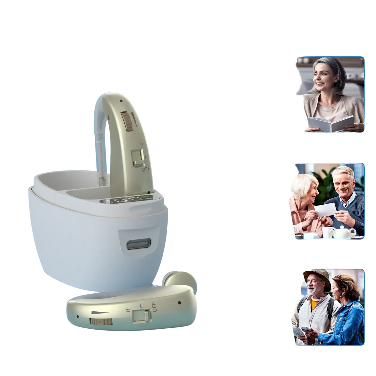 A sleek beige hearing aid with noise reduction feature resting in a white charging case for easy power management