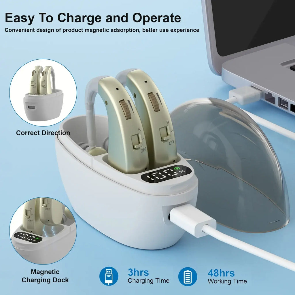 White magnetic charging case for hearing aids with sleek curved design and digital display for noise reduction