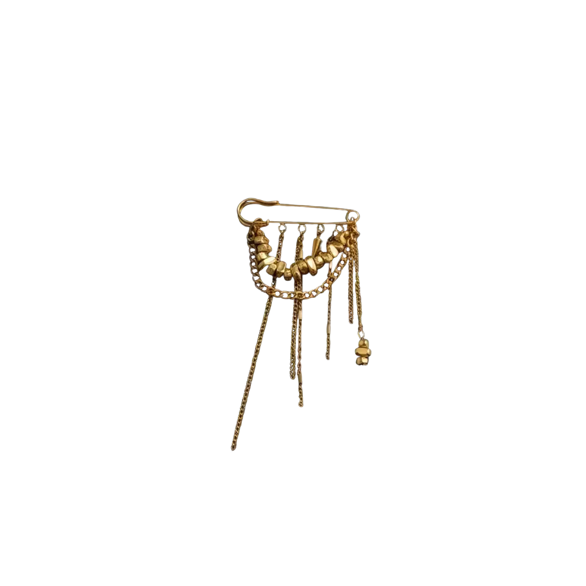 Gold-toned metal heart beaded tassel brooch with dangling chains and beads for decorative pinning