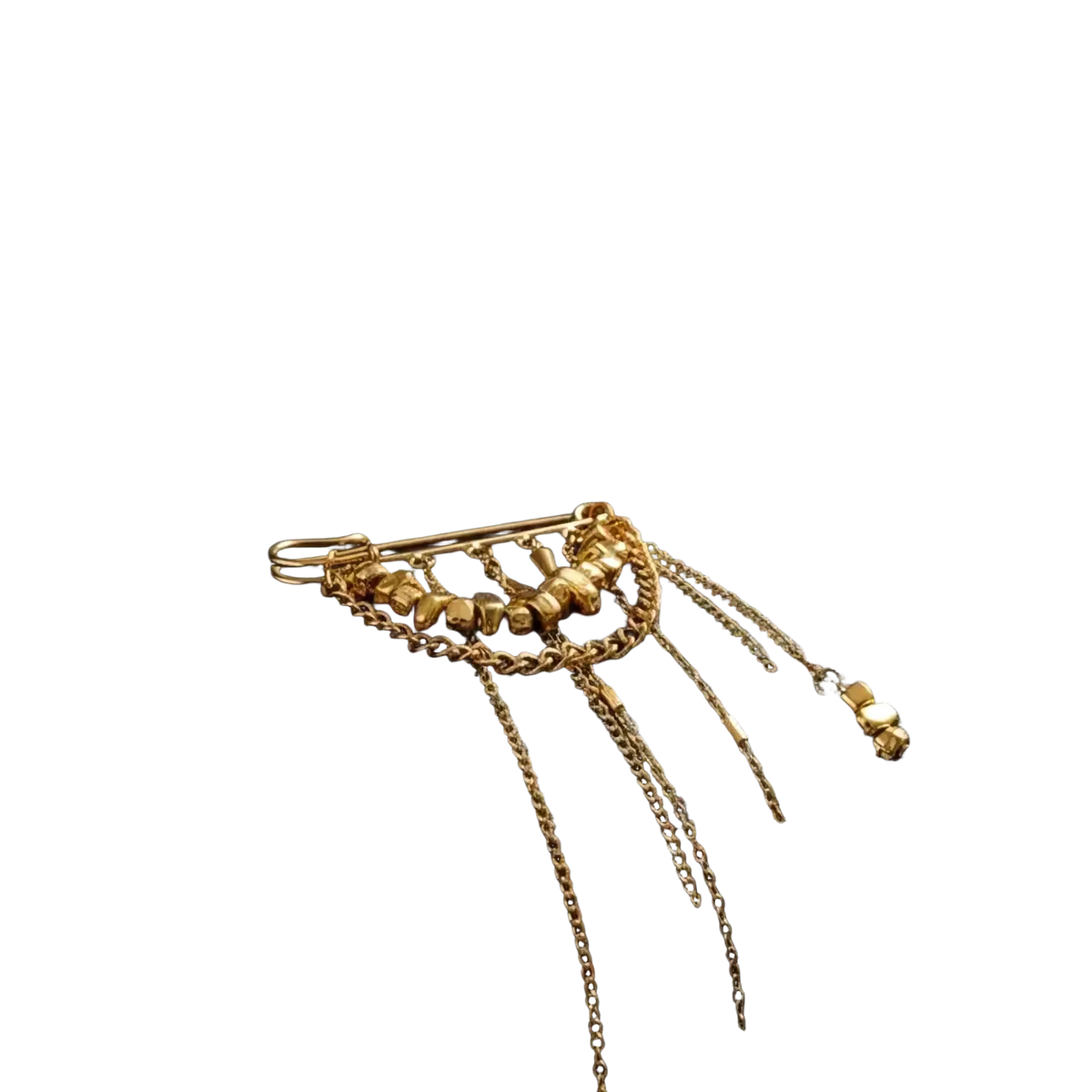 Gold-toned heart beaded tassel brooch metal pin featuring cascading beaded and link chains with safety-pin clasp