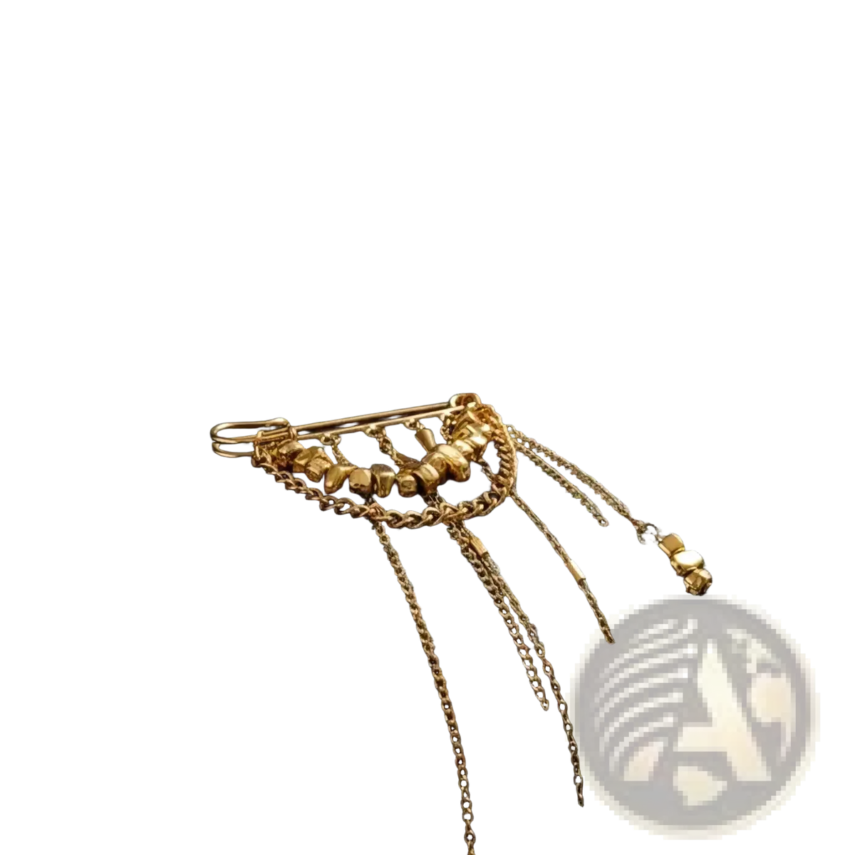 Gold-toned heart beaded tassel brooch metal pin featuring cascading beaded and link chains with safety-pin clasp