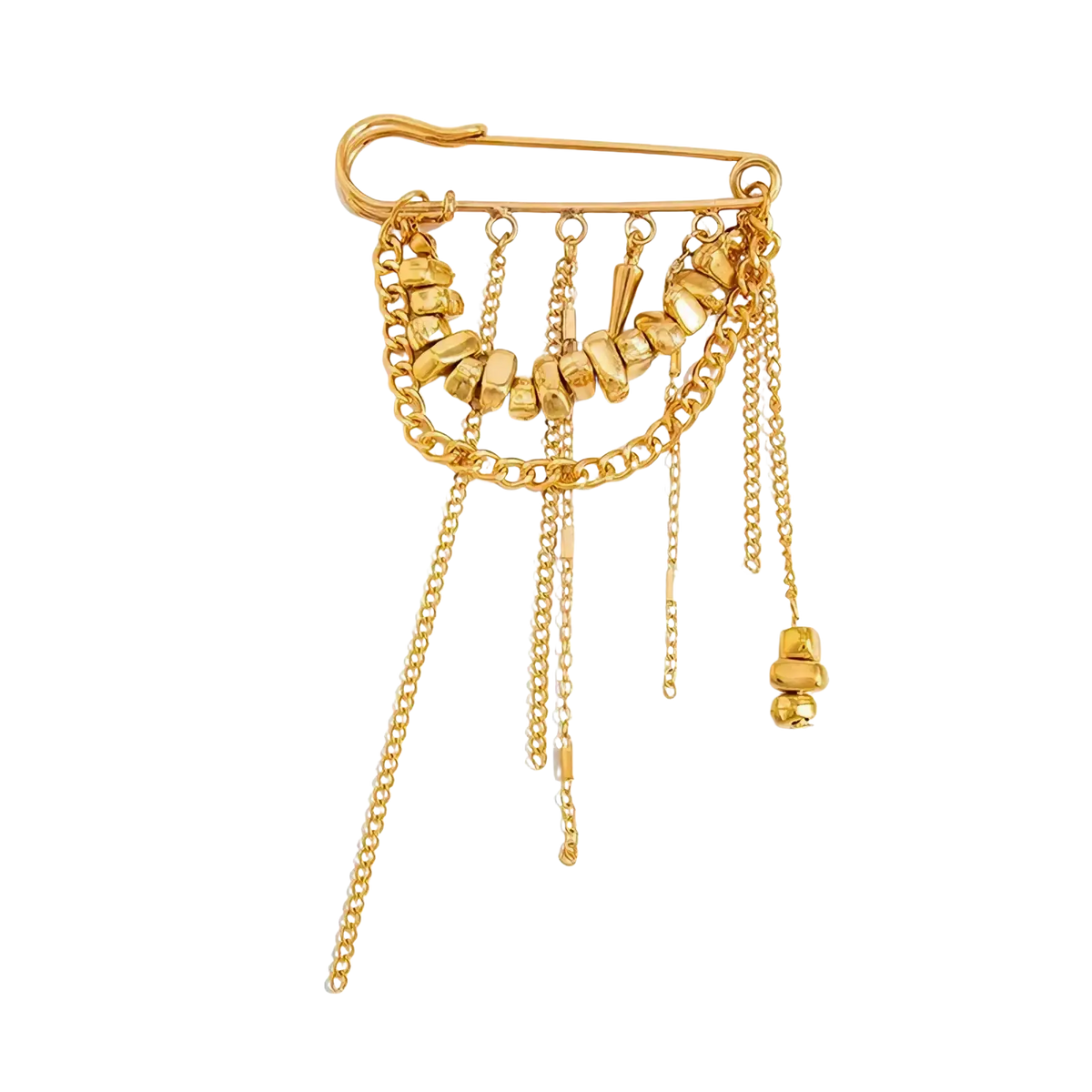 Gold-toned metal heart beaded tassel brooch with safety pin, featuring cascading chains, chunky beads, and dangling charms