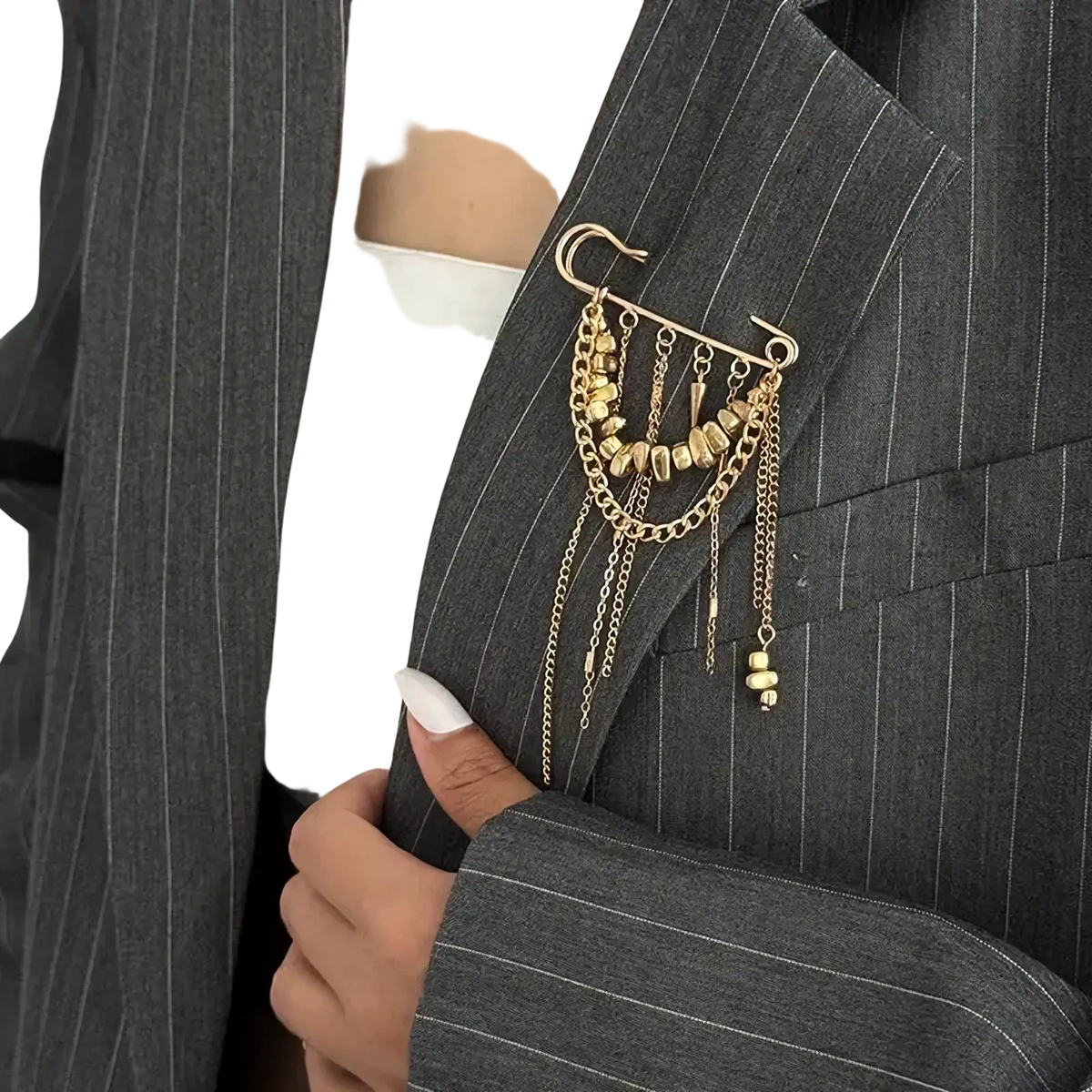 Gold-toned metal heart beaded tassel brooch with layered chains beads and dangling safety pin charms