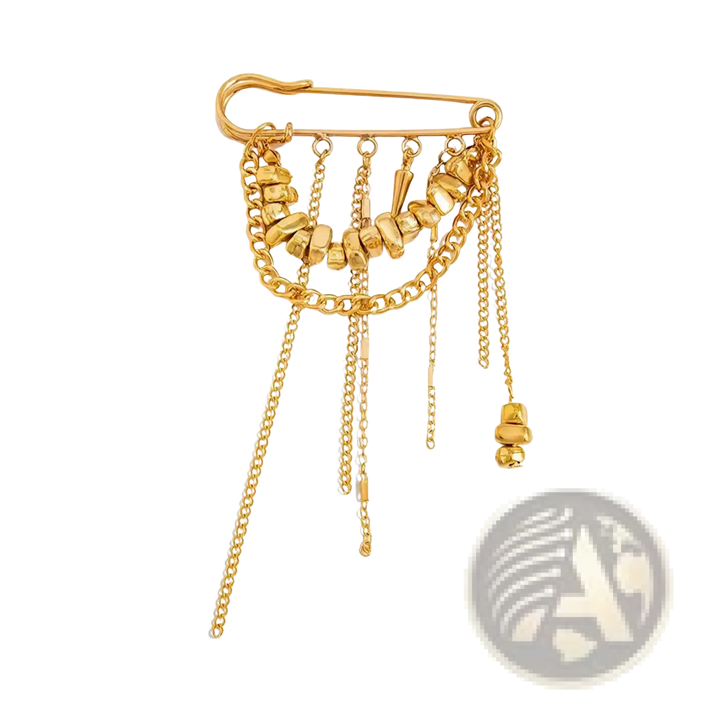 Gold-toned metal heart beaded tassel brooch with safety pin, featuring cascading chains, chunky beads, and dangling charms
