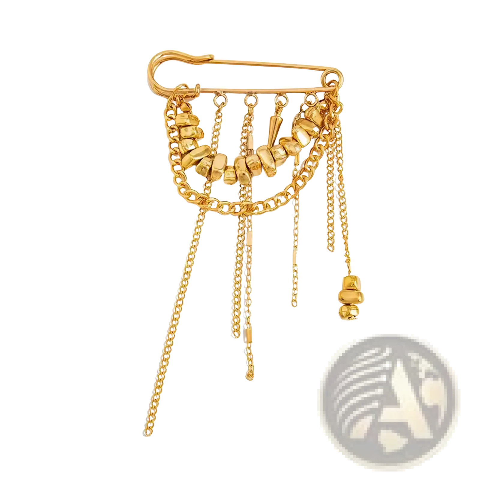 Gold-toned metal heart beaded tassel brooch with safety pin, featuring cascading chains, chunky beads, and dangling charms