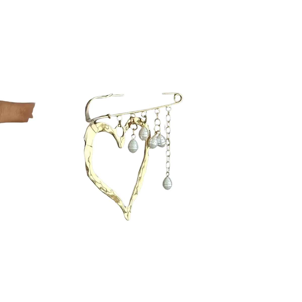 Gold-toned heart beaded tassel brooch metal pin with textured surface and dangling pearl-like beads on delicate chains