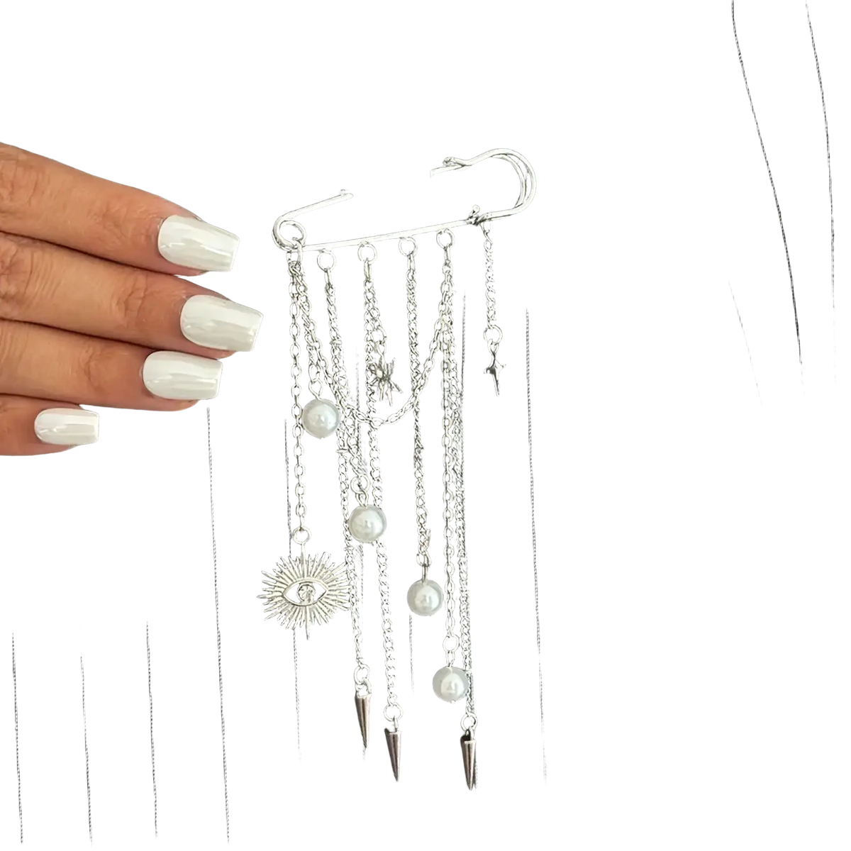 Silver heart beaded tassel brooch metal pin with safety pin closure and dangling chains pearls and sunburst eye charm
