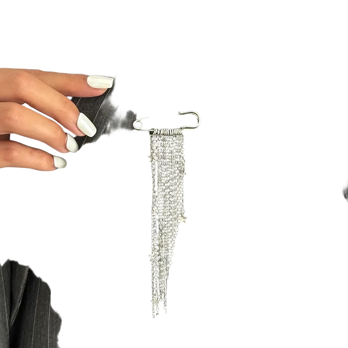 Silver metal safety pin brooch with heart beaded design and dangling star-adorned chain tassels