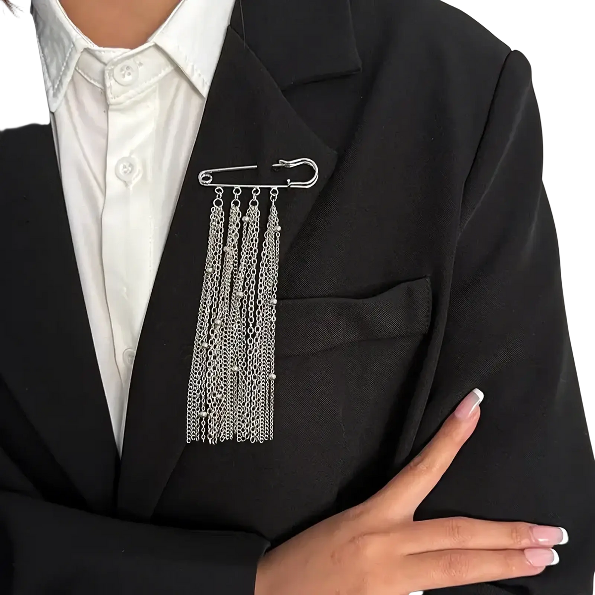 Silver heart beaded tassel brooch metal pin with dangling chain tassels decorative safety pin accessory